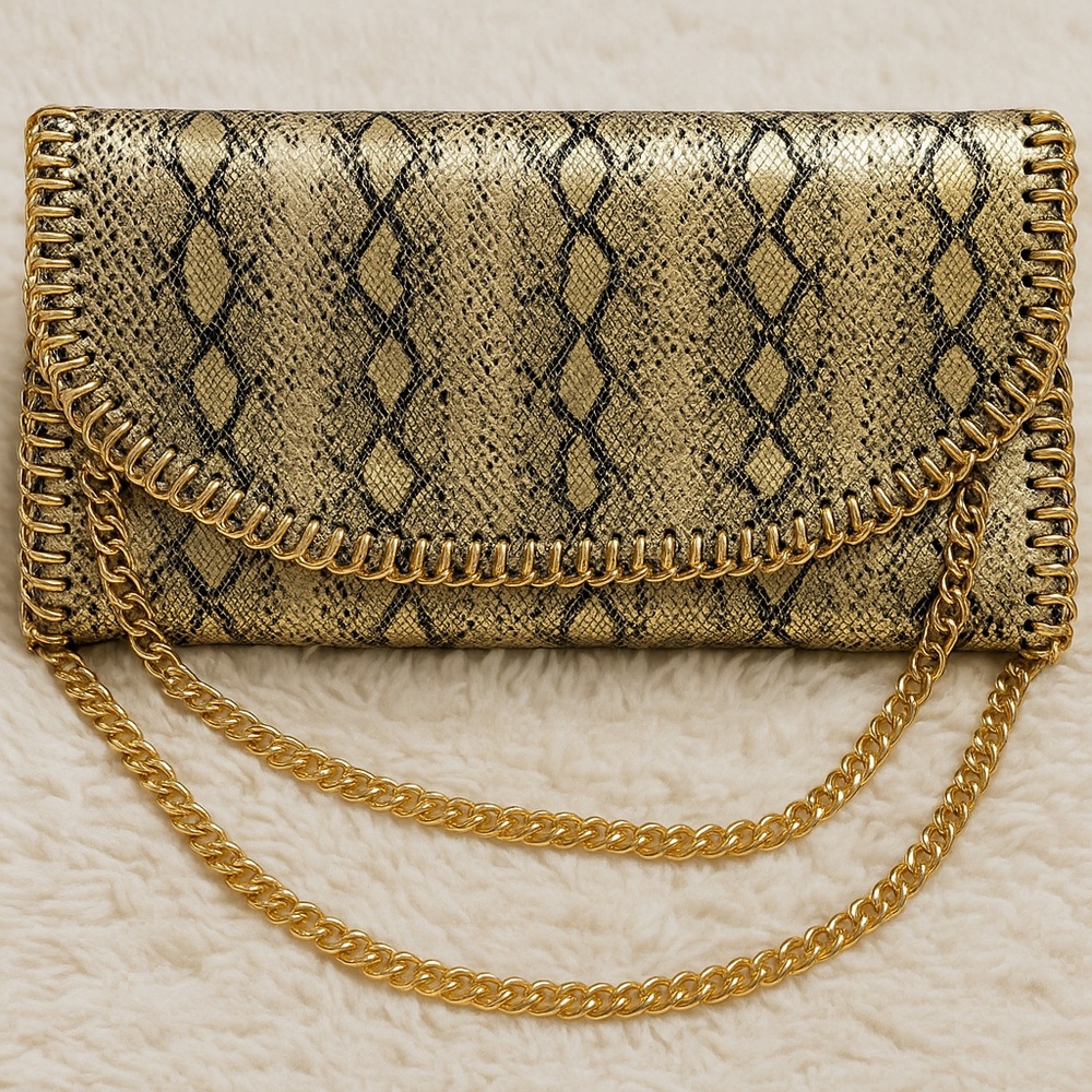 Gold Snake Print Chain Shoulder Bag – Convertible Clutch
